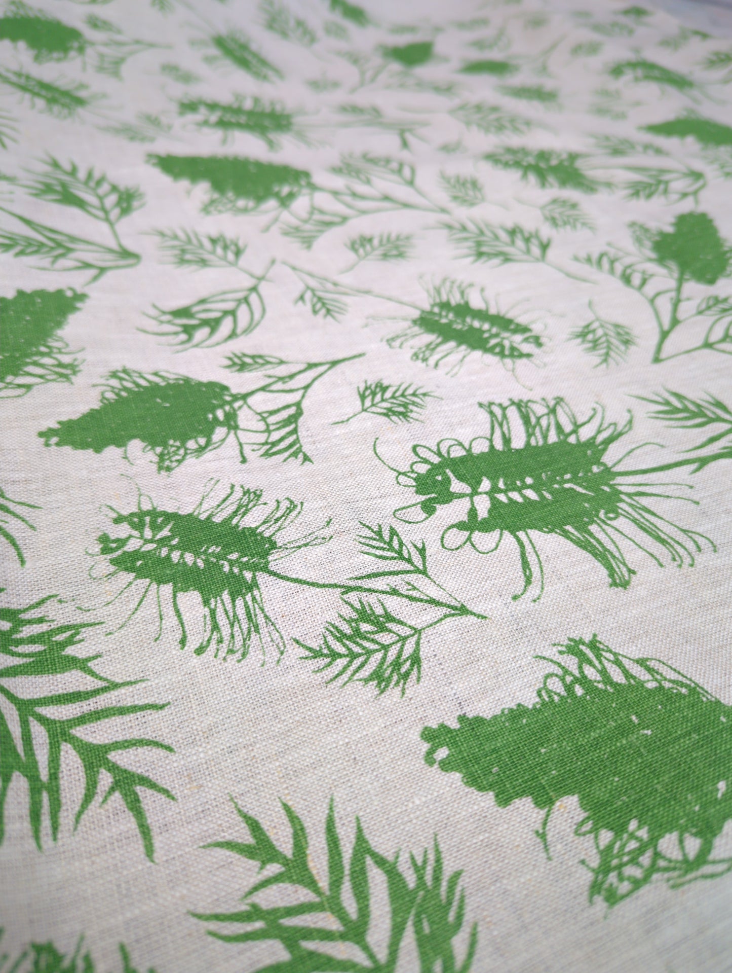Linen Fabric - Hand Screen printed Grevilleas in Bush Mint
