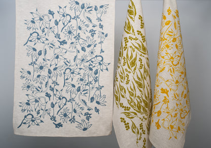 Linen Tea Towel with Hand-Printed Flannel Flowers