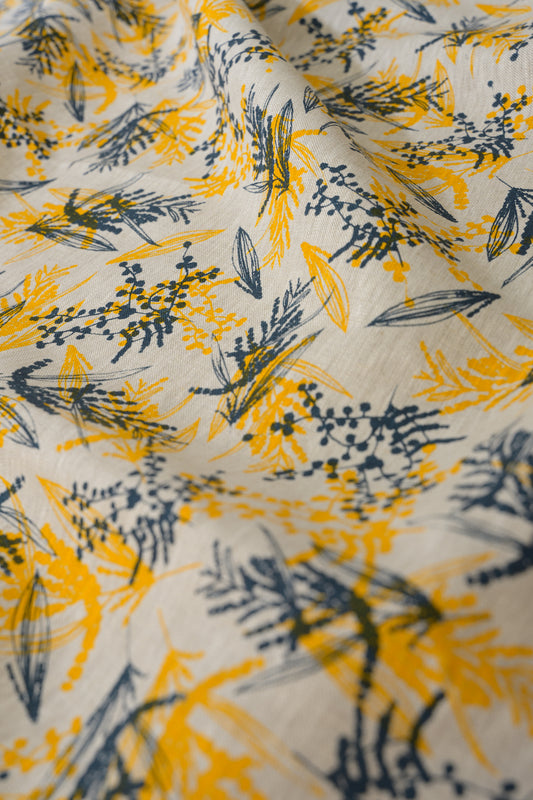 Linen Fabric - Mixed Wattle in Indigo and Wattle Yellow