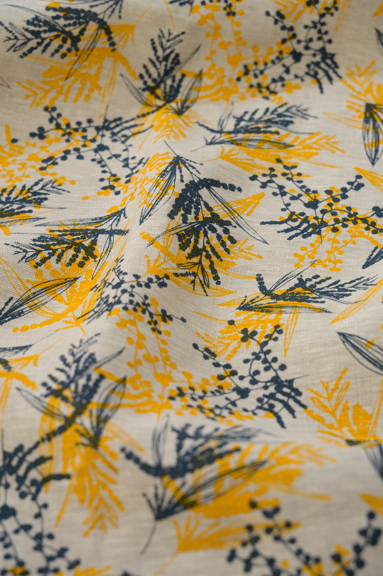 Linen Fabric - Mixed Wattle in Indigo and Wattle Yellow