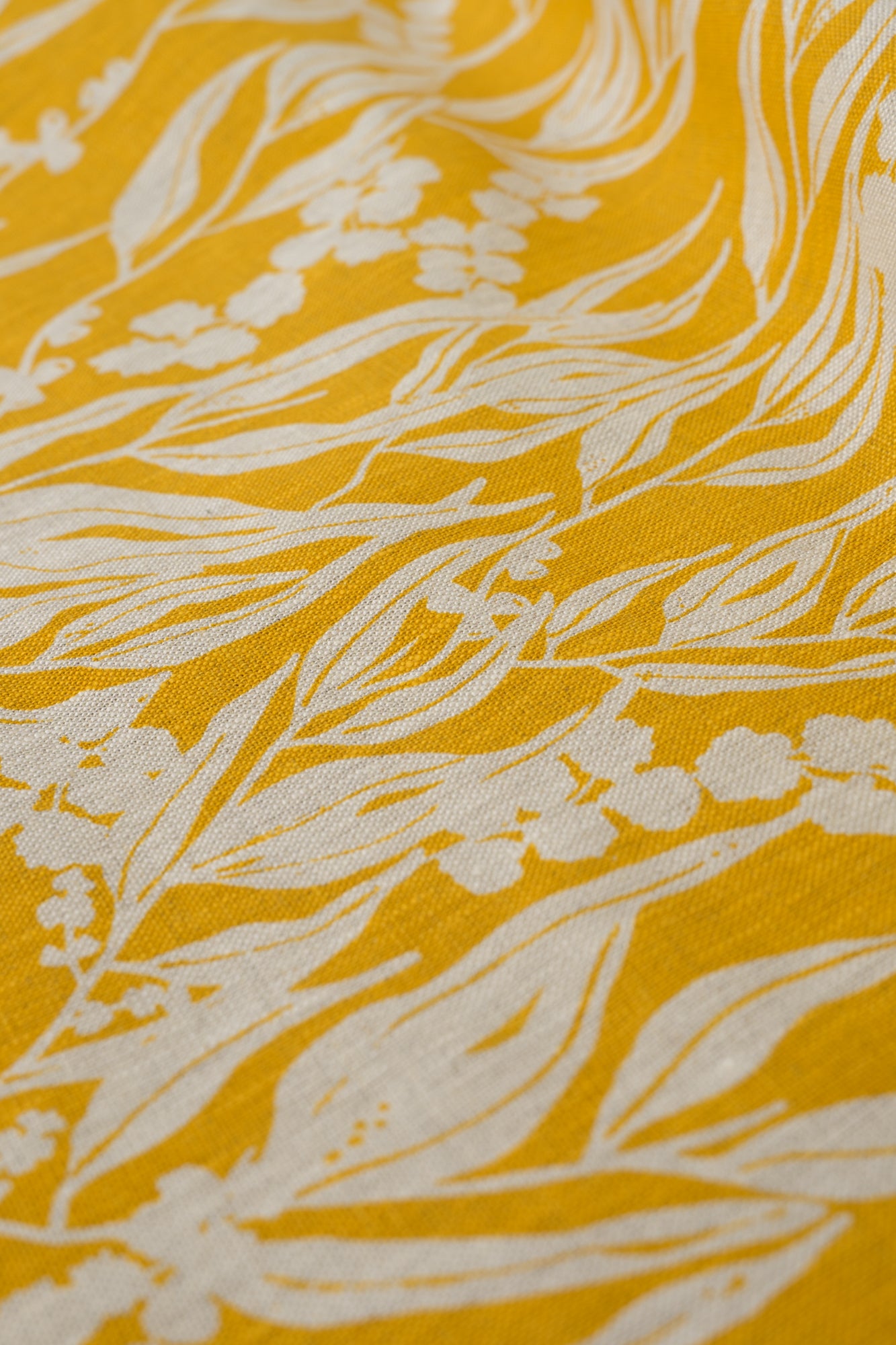 Linen Fabric - Nuts about Wattle in Mustard on oatmeal linen