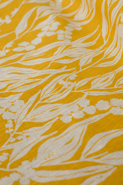Linen Fabric - Nuts about Wattle in Mustard on oatmeal linen
