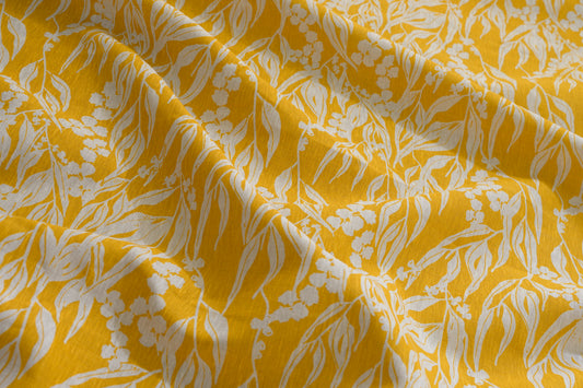 Linen Fabric - Nuts about Wattle in Mustard on oatmeal linen