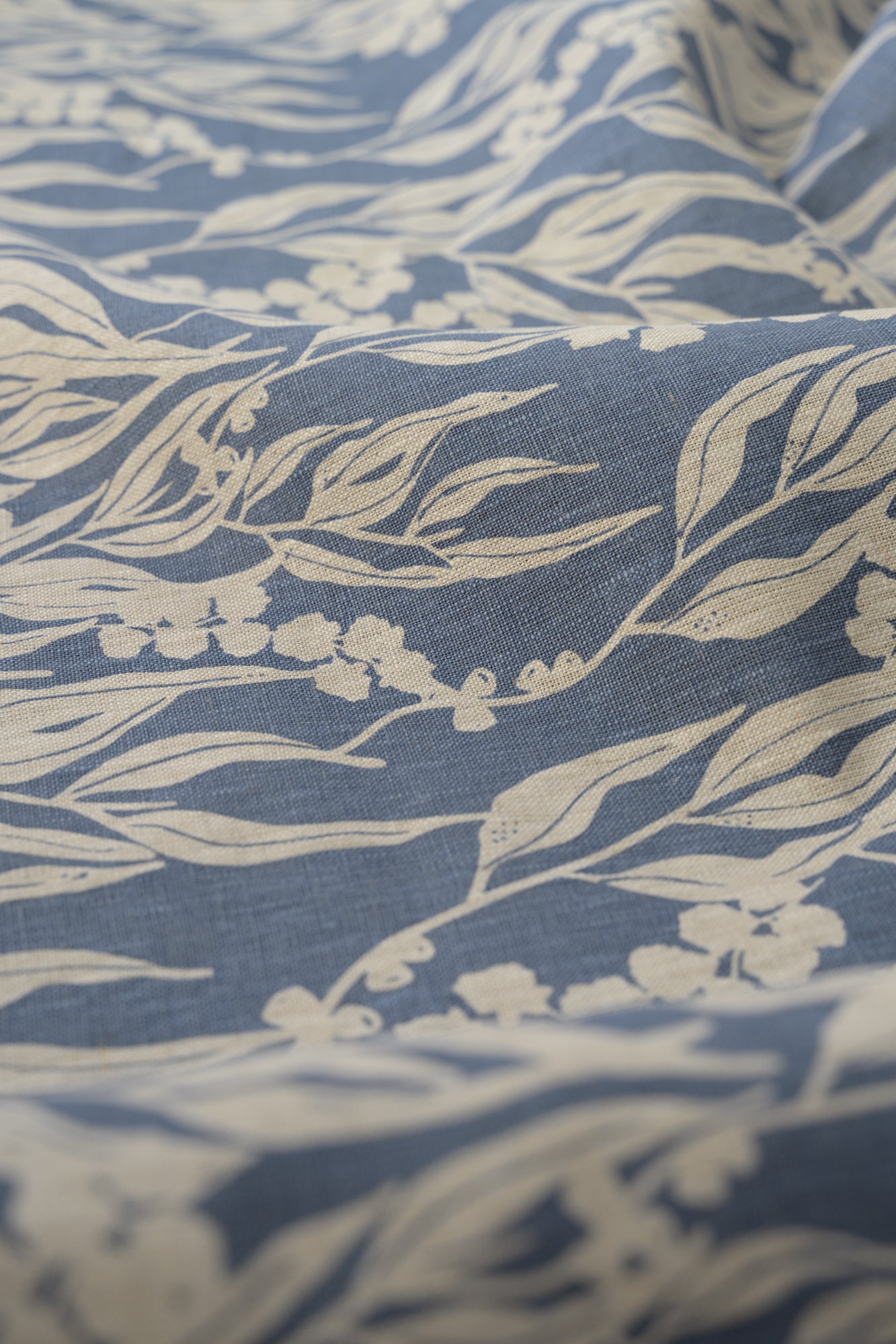 Linen Fabric - Nuts about Wattle in Cornflower on oatmeal linen