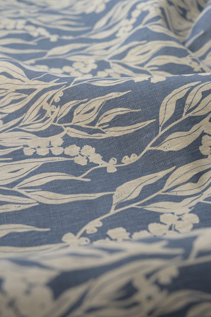 Linen Fabric - Nuts about Wattle in Cornflower on oatmeal linen