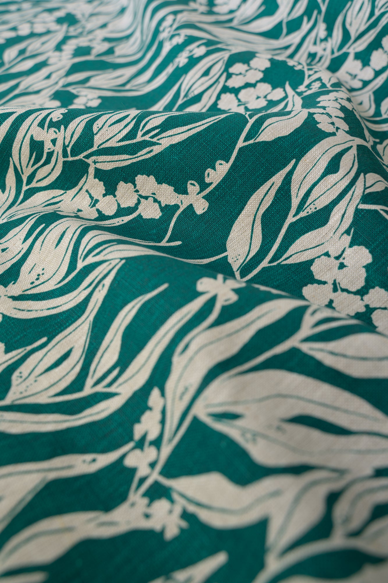 Linen Fabric - Nuts about Wattle in Verdi on oatmeal linen