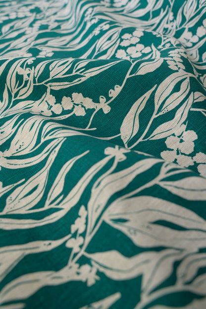 Linen Fabric - Nuts about Wattle in Verdi on oatmeal linen