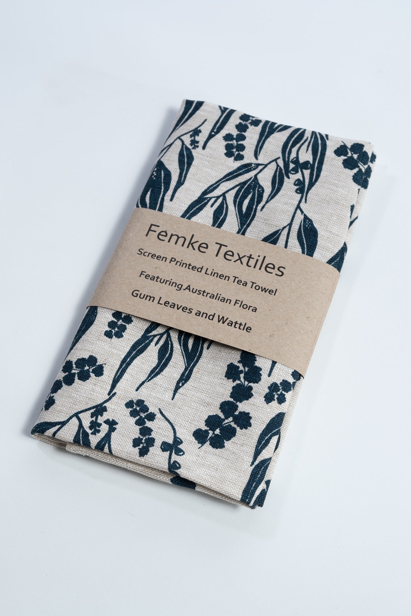 Linen Tea Towel featuring Gum leaves and Wattle Sprigs