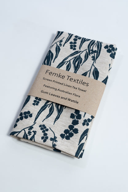 Linen Tea Towel – Hand Printed Gum Leaves & Wattle