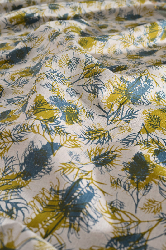 Linen Fabric - Grevilleas in Olive Oil and Slate