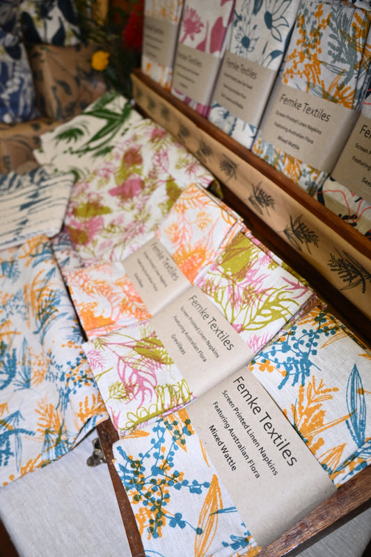 Linen Napkins Set of Four - Grevilleas in Grape Fizz and Olive Oil