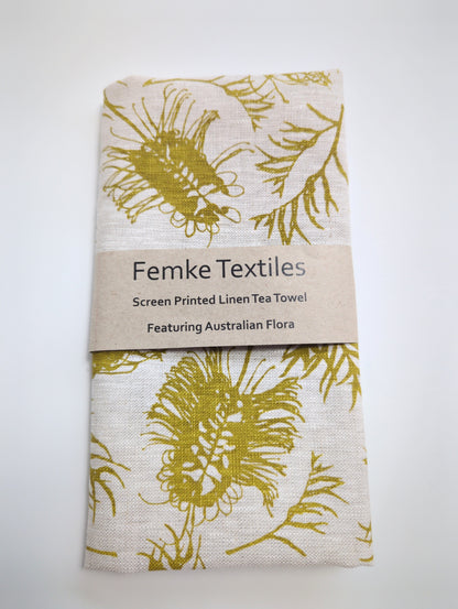 Linen Tea Towel – Hand Printed Grevillea Design