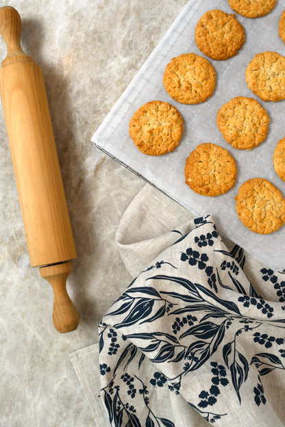 Linen Tea Towel – Hand Printed Gum Leaves & Wattle