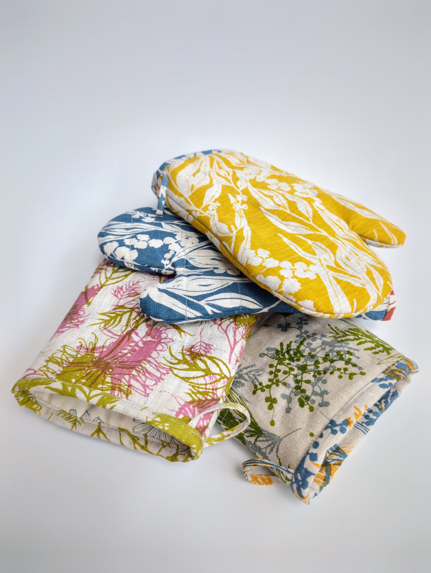Linen Fabric - Nuts about Wattle in Mustard on oatmeal linen