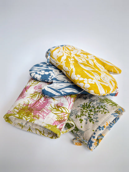 Linen Fabric - Nuts about Wattle in Mustard on oatmeal linen