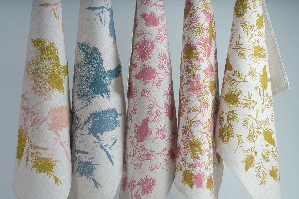 Linen Tea Towel - Hand printed Superb Fairy Wren and Bottlebrush
