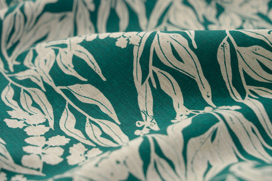 Linen Fabric - Nuts about Wattle in Verdi on oatmeal linen