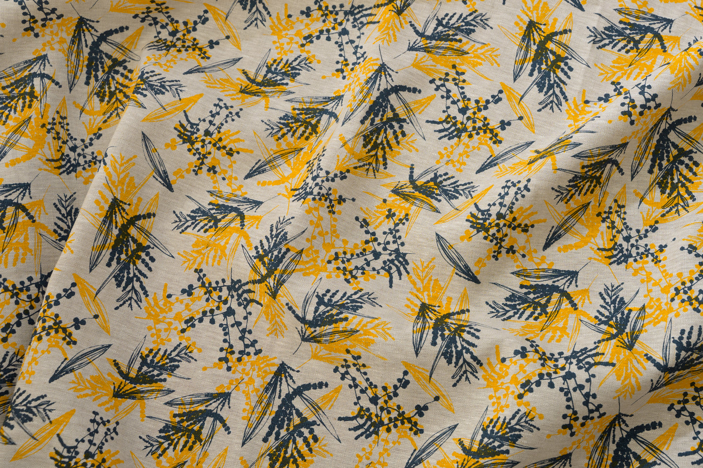 Linen Fabric - Mixed Wattle in Indigo and Wattle Yellow
