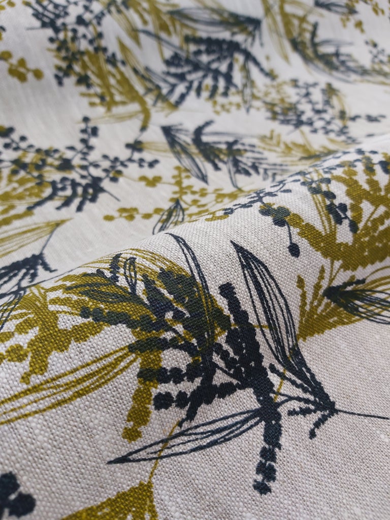 Mixed wattle screenprinted on oatmeal linen in olive oil and indigo. Designed and printed by Femke Textiles