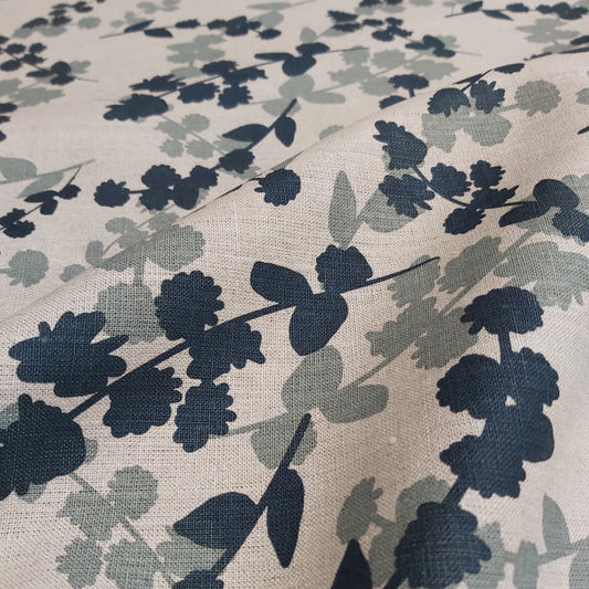 Hand screen printed linen featuring wattle sprigs pattern in storm and indigo. Printed and designed by Femke Textiles