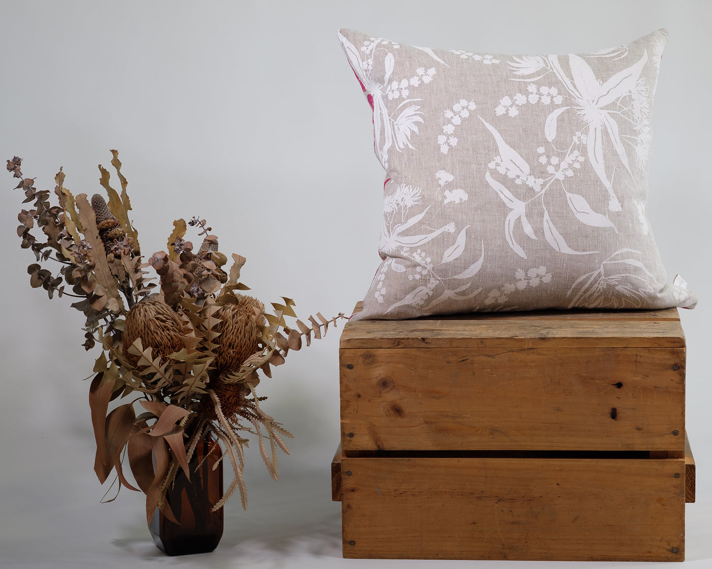 Cushion cover featuring Local Forage screenprint in snow on linen. Designed, screenprinted and made by Femke Textiles.