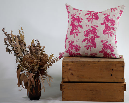 Cushion cover featuring Wild Rose print in posie pink on oatmeal fabric. Designed, screenprinted and made by Femke Textiles.