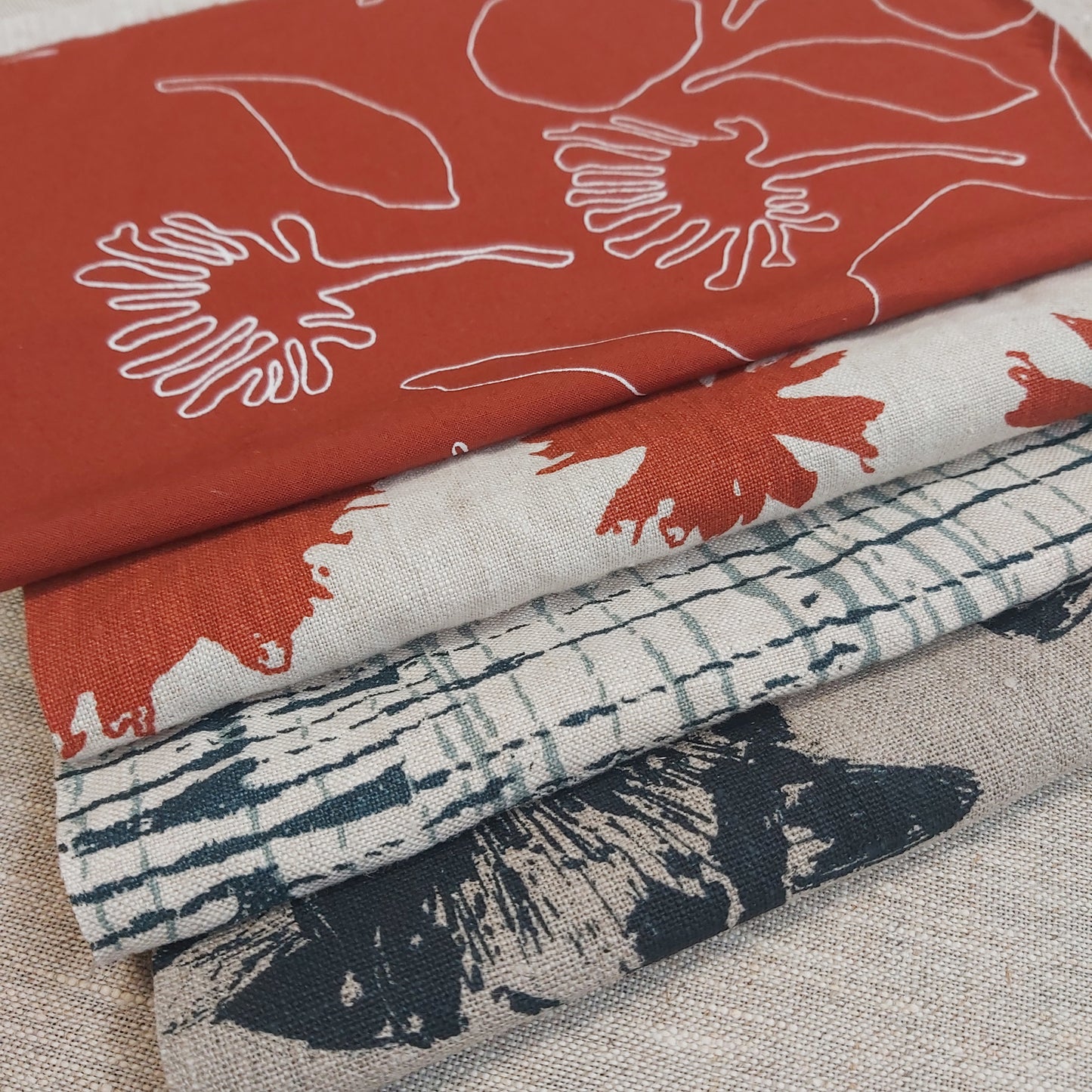 Linen hand screen printed fabric pack.