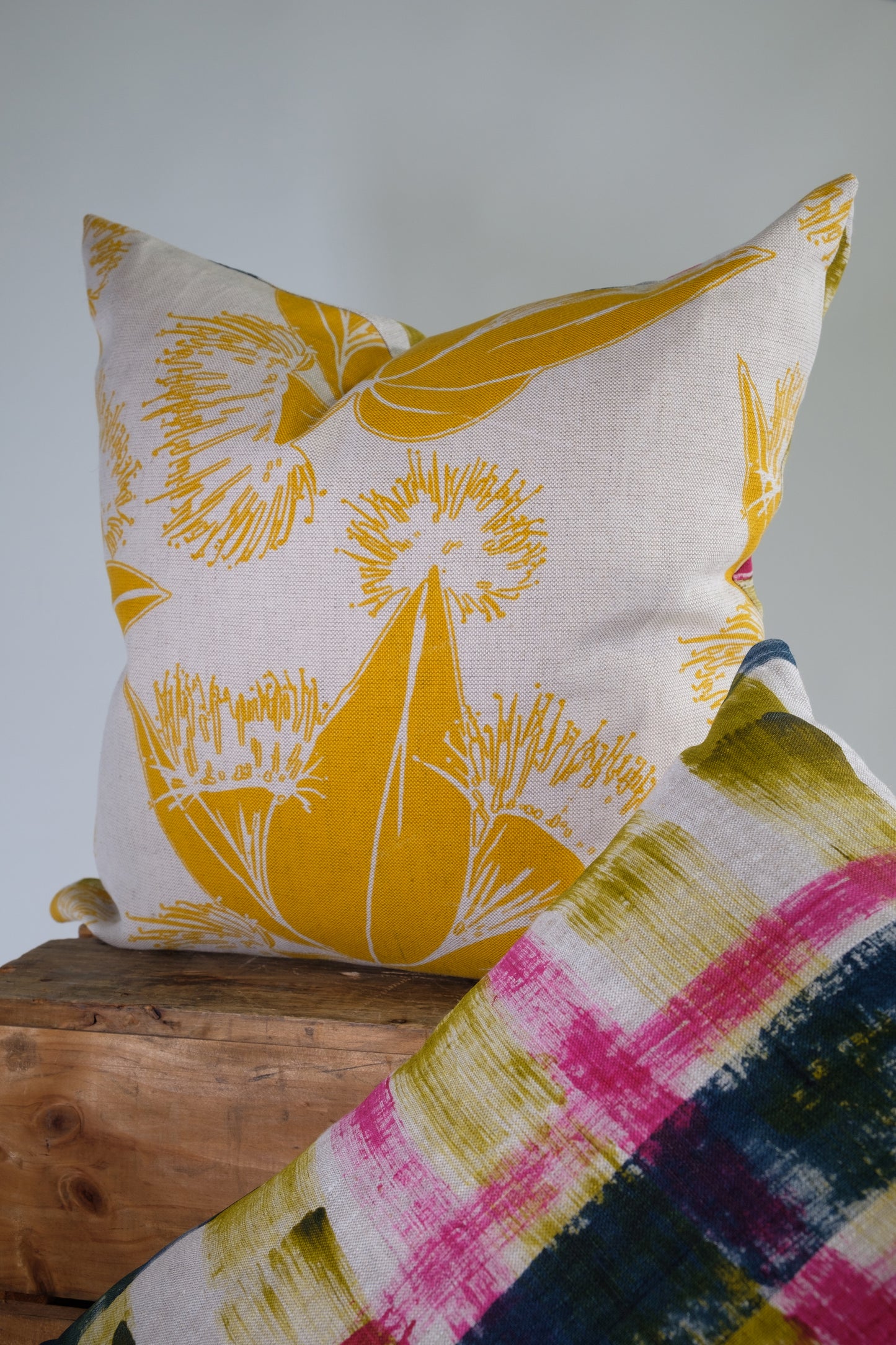 Linen Cushion Covers featuring hand painted linen and Gumnuts pattern in Mustard on Linen Hopper