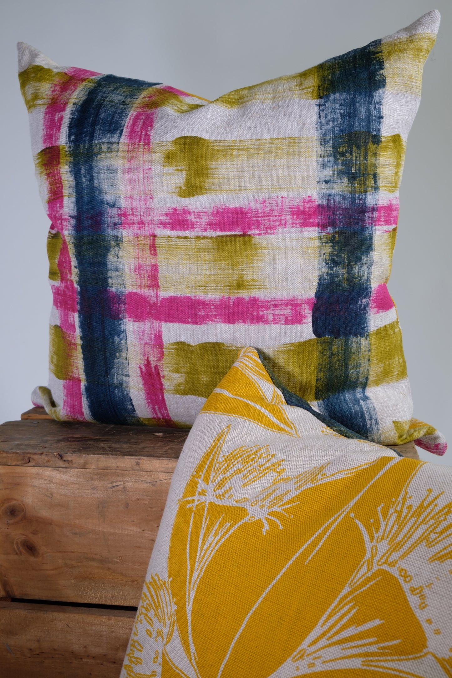 Linen Cushion Covers featuring hand painted linen and Gumnuts pattern in Mustard on Linen  Hopper