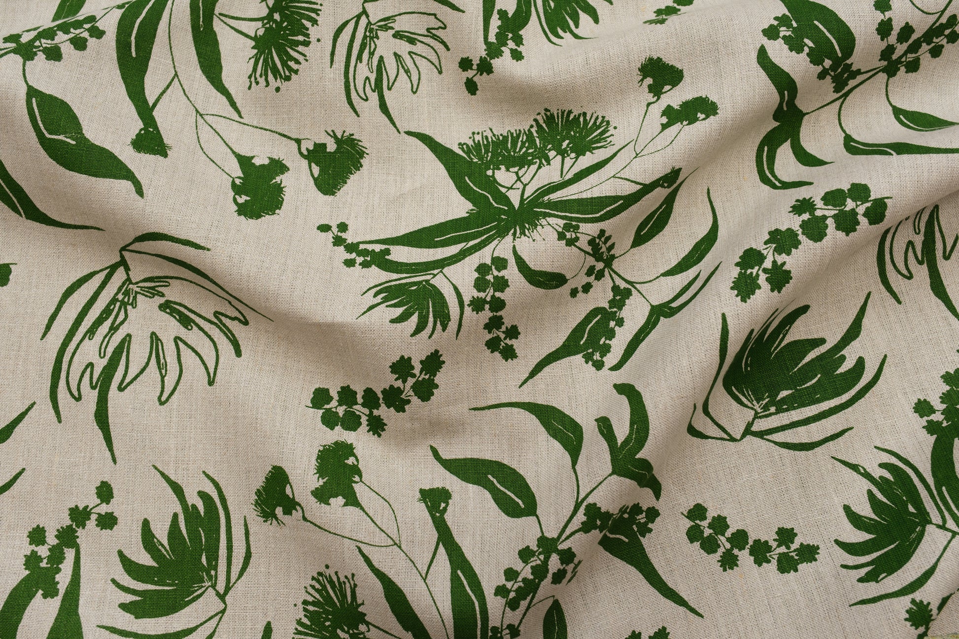 Flax linen hand screenprinted with Local Forage in Envy. Designed and Printed in Melbourne by Femke Textiles