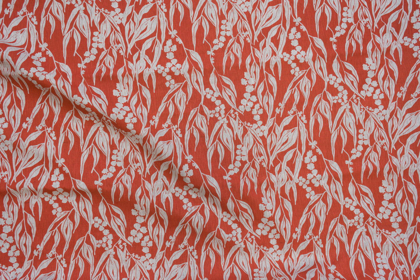 Linen Fabric - Nuts about Wattle in Guava on oatmeal linen
