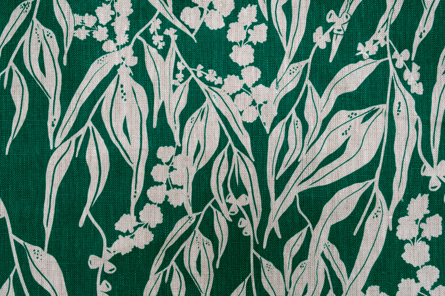 Linen Fabric - Nuts about Wattle in Verde on oatmeal linen