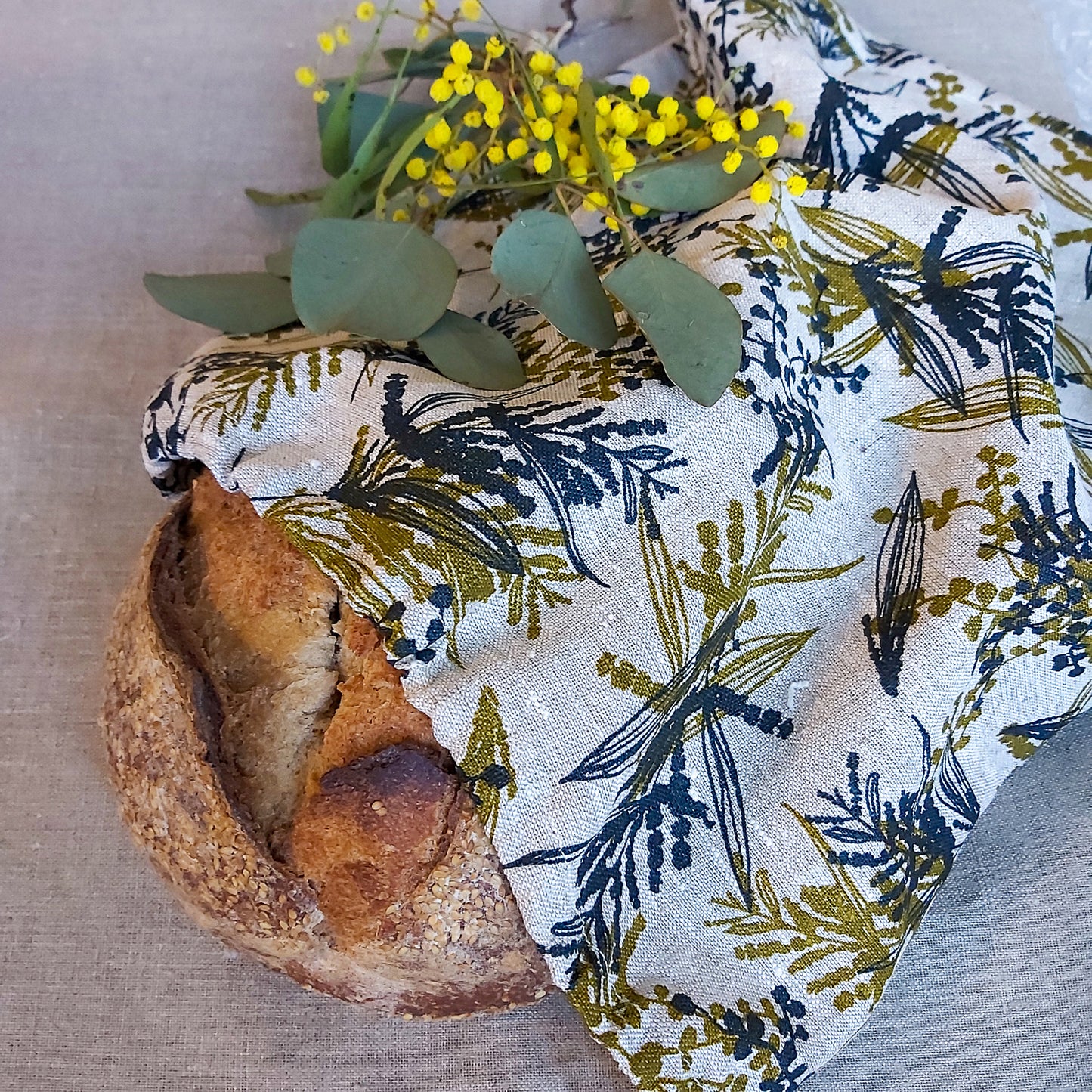 Linen Fabric - Mixed Wattle in Olive Oil and Indigo