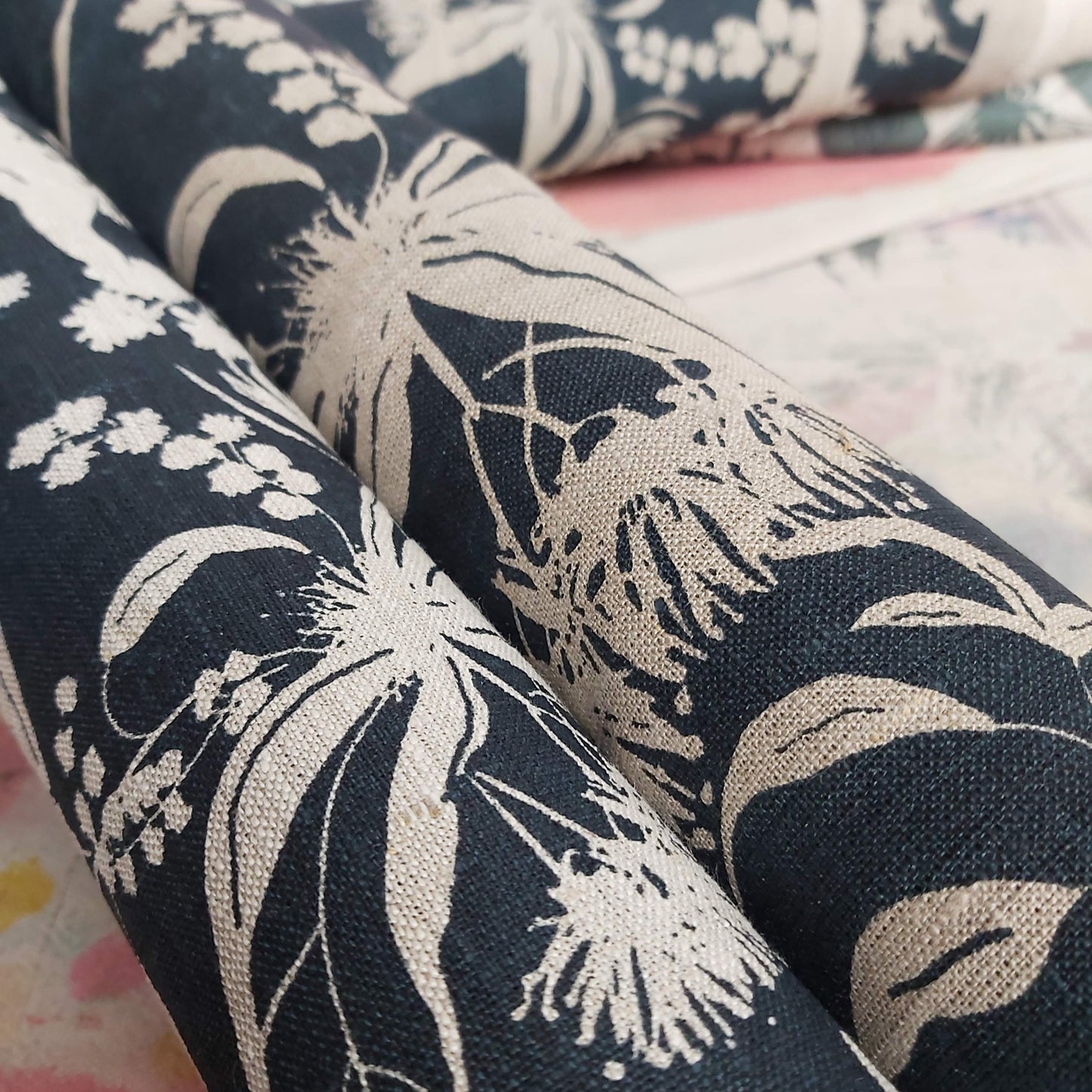 Forager's Delight in indigo on oatmeal or flax linen. Hand screenprinted by Femke Textiles
