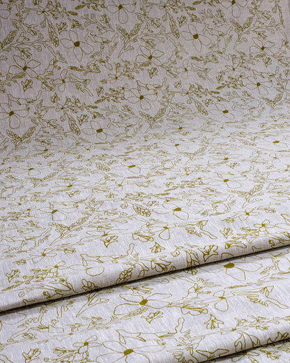 Linen fabric screenprinted with grass trigger pattern in olive oil. Designed and printed by Femke Textiles in Melbourne Australia