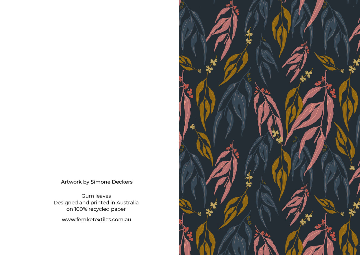 A greeting card featuring gum leaves in mustard, pink and grey. Designed by Femke Textiles.
