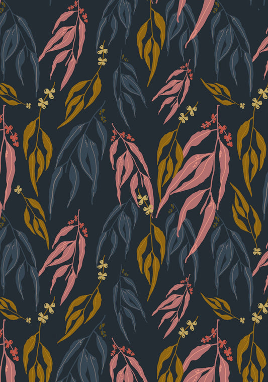 A greeting card featuring gum leaves in mustard, pink and grey. Designed by Femke Textiles.