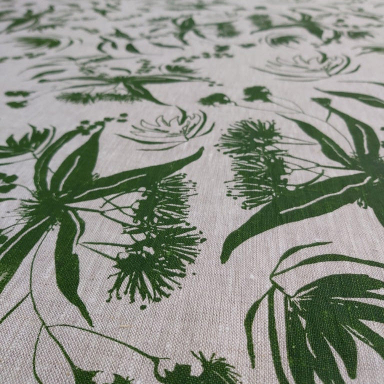 Oatmeal linen hand screenprinted with Local Forage in Envy. Designed and Printed in Melbourne by Femke Textiles