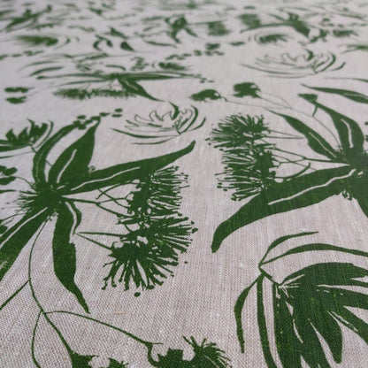 Oatmeal linen hand screenprinted with Local Forage in Envy. Designed and Printed in Melbourne by Femke Textiles