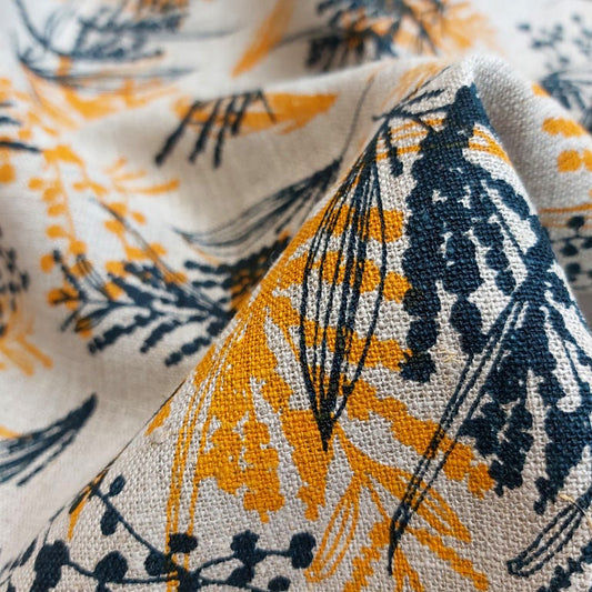 Linen Fabric - Mixed Wattle in Indigo and Wattle Yellow