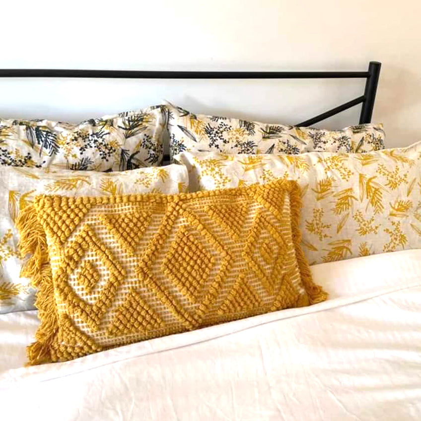 Pillowcases Featuring Mixed Wattle in Indigo and Mustard