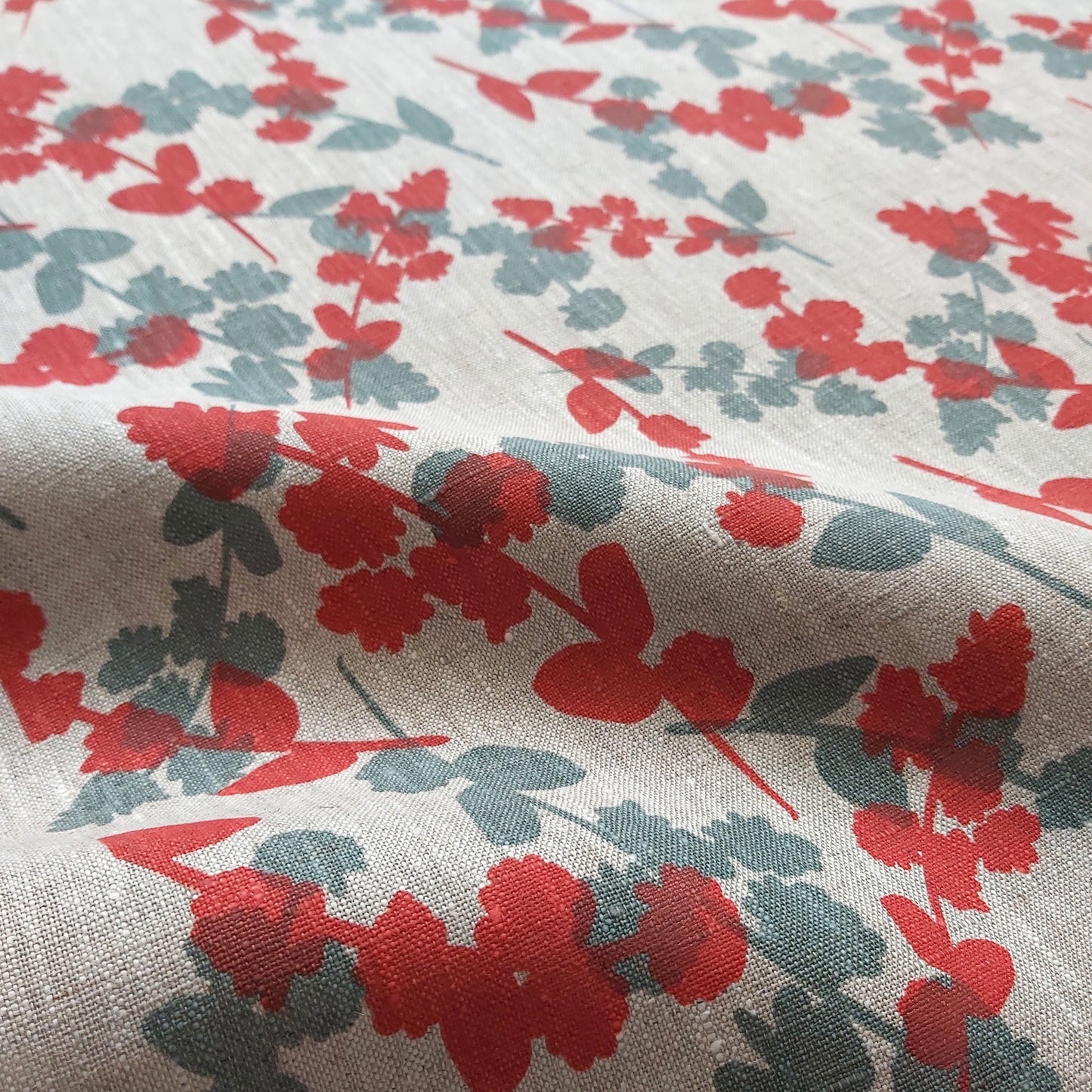 Linen Fabric - Wattle Sprigs in Storm and Guava